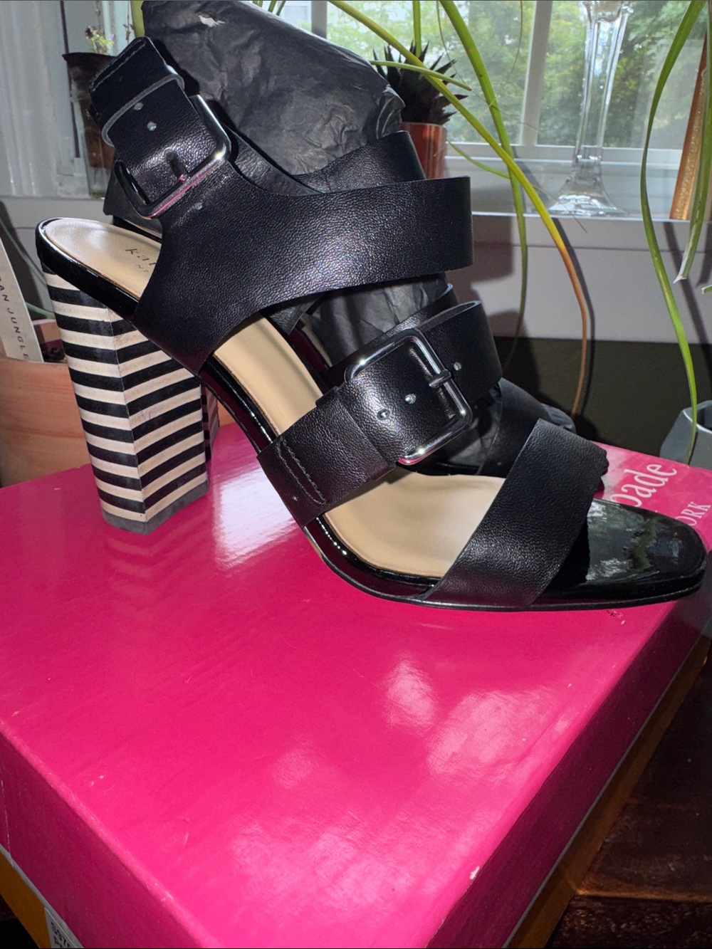 kate spade Black Strappy Sandal with Striped Block Heel